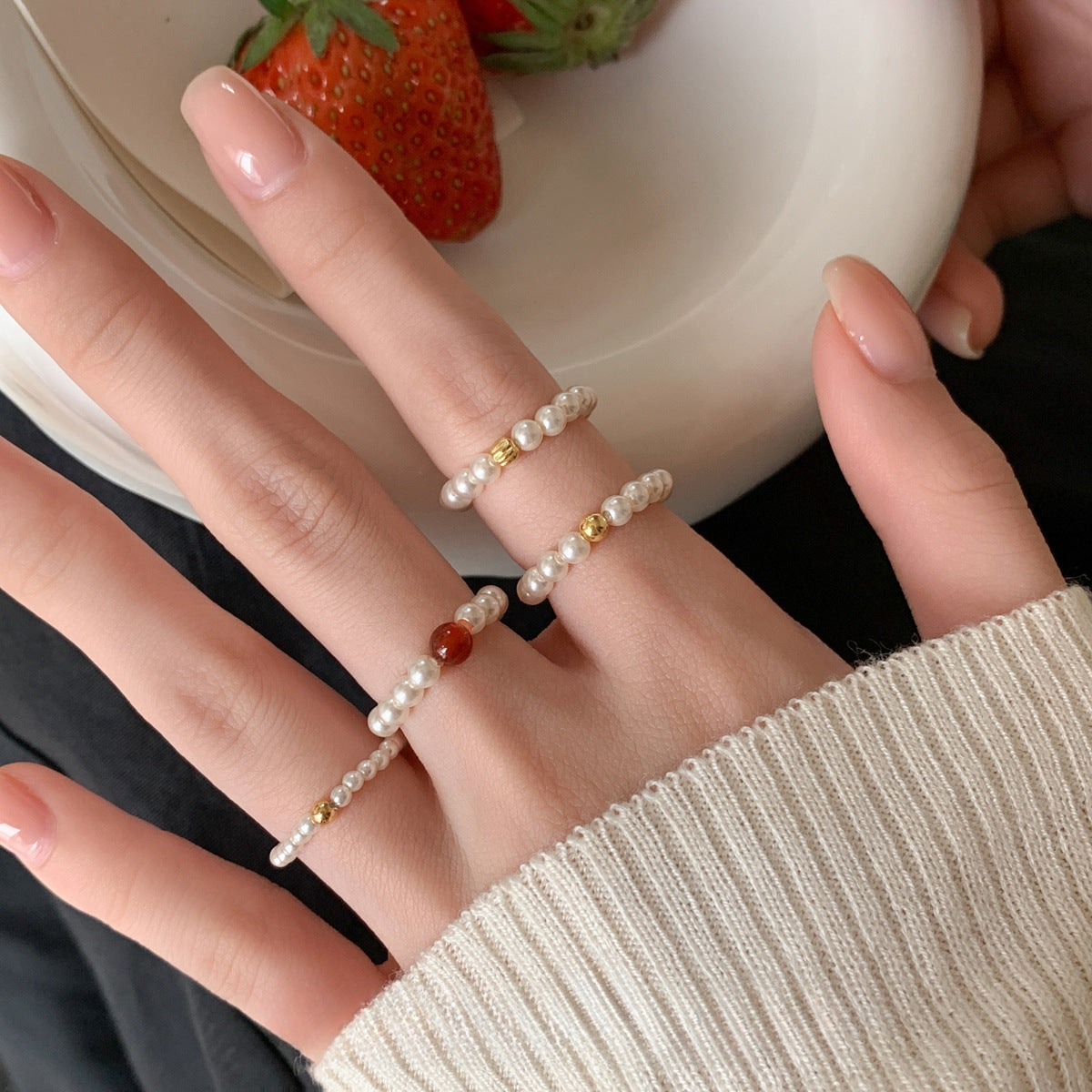 925 Silver Pearl & Onyx Elastic Stacking Ring