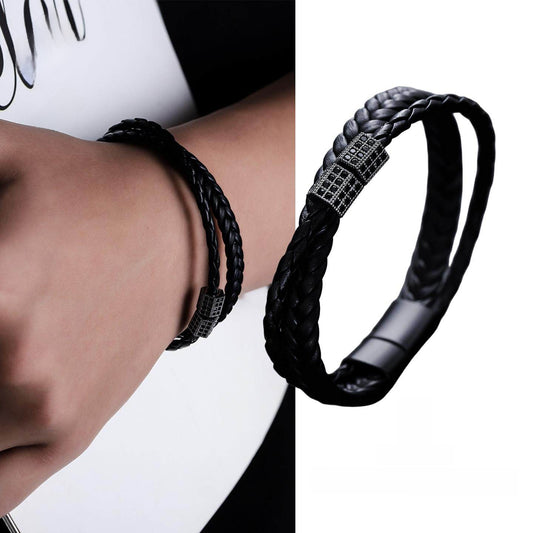 Titanium Steel & Leather Magnetic Clasp Bracelet