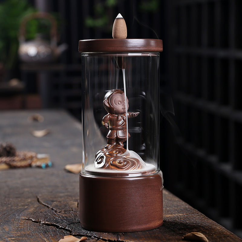 Monkey King Backflow Incense Burner with Glass Windscreen