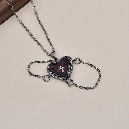 Gothic Wings Heart Cross Necklace