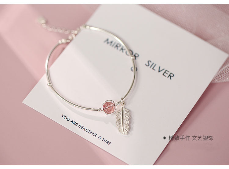 Sterling Silver Feather Strawberry Crystal Bracelet