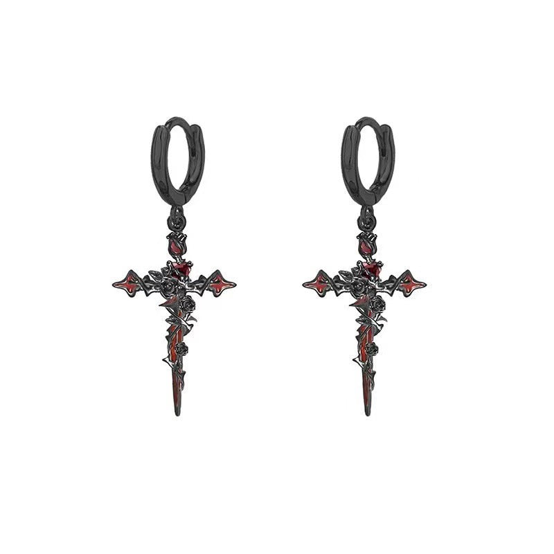 Gothic Rose Thorn Cross Earrings