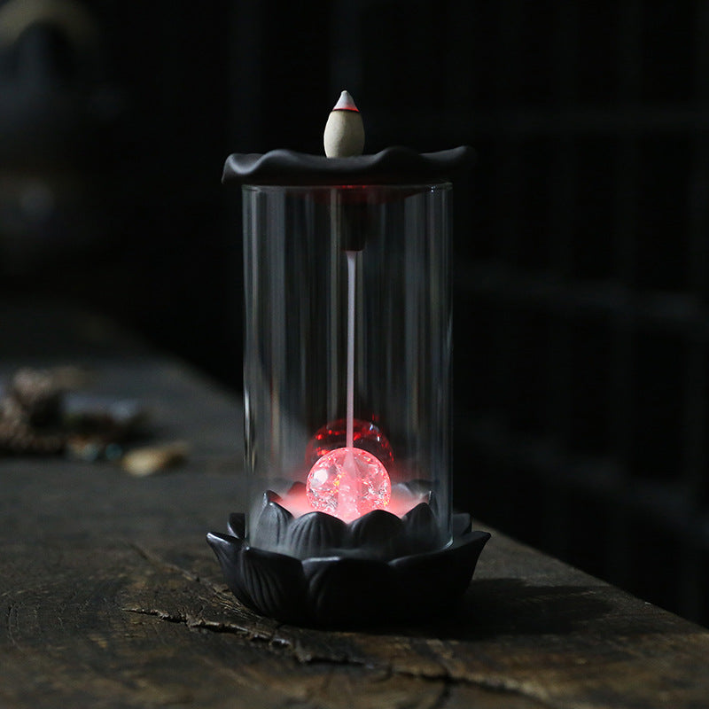 Lotus Leaf Purple Sand Backflow Incense Burner with LED