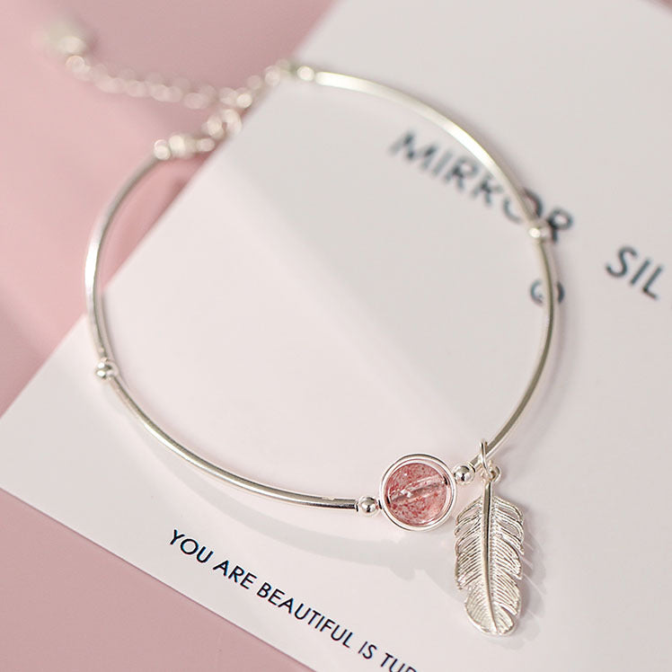Sterling Silver Feather Strawberry Crystal Bracelet