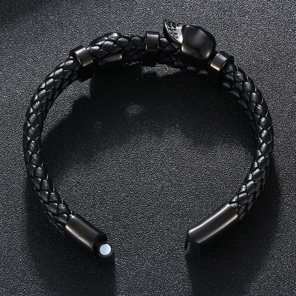 Skull Stainless Steel Leather Braided Bracelet for Men