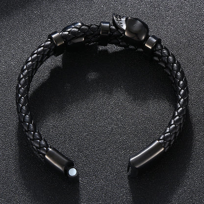 Skull Stainless Steel Leather Braided Bracelet for Men