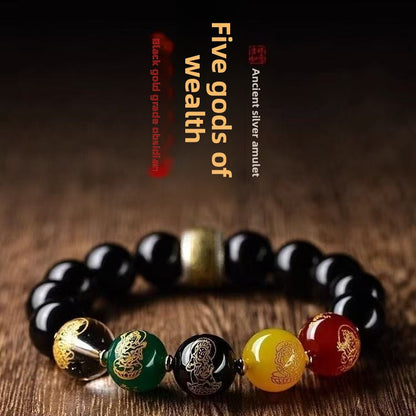 Five-Way God of Wealth Obsidian Bracelet