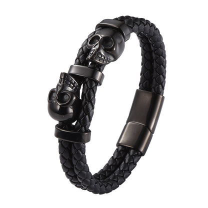 Skull Stainless Steel Leather Braided Bracelet for Men