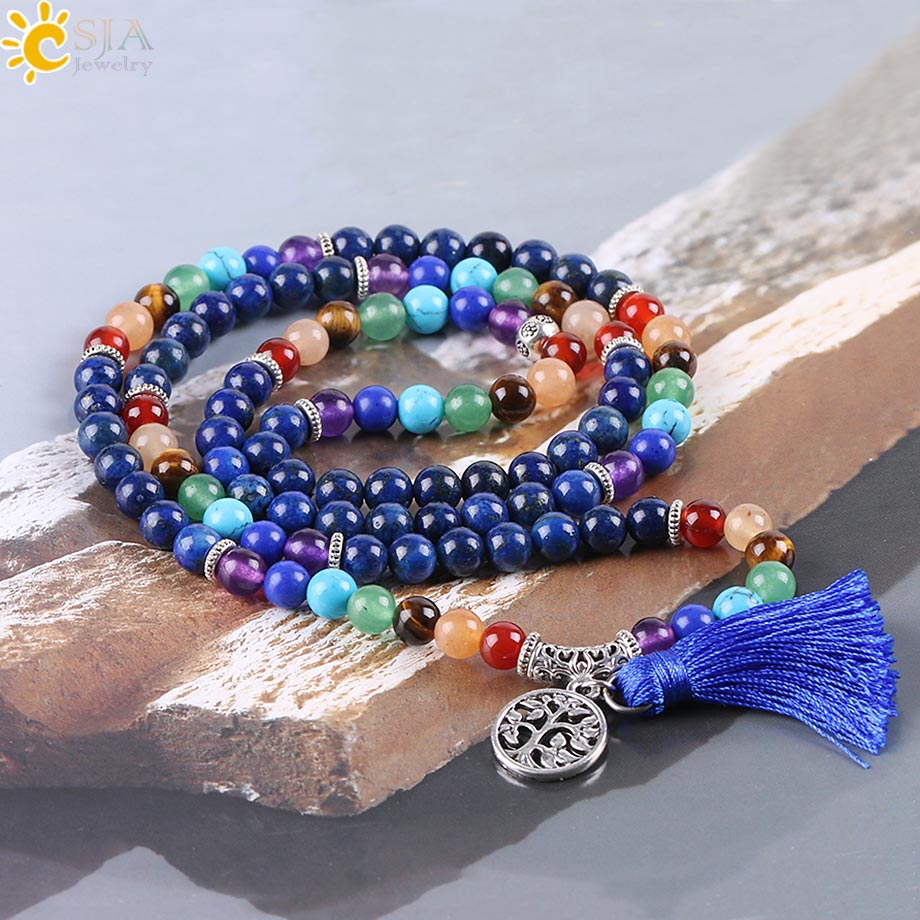 7 Chakra Mala Bracelet with Tree of Life & Blue Tassel