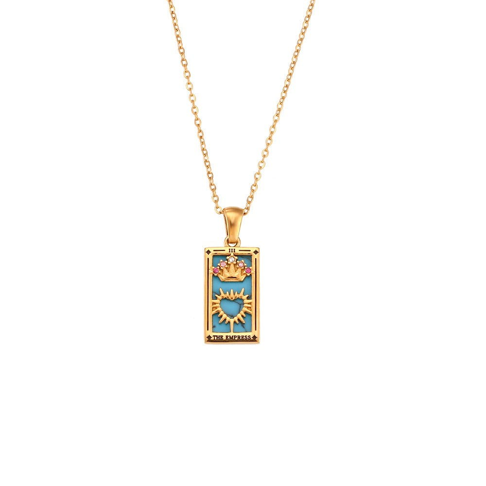 Ins Fashion Vintage Popular Pendant Jewelry Stainless Steel Rectangular Oil Drip Zirconia Tarot Necklace