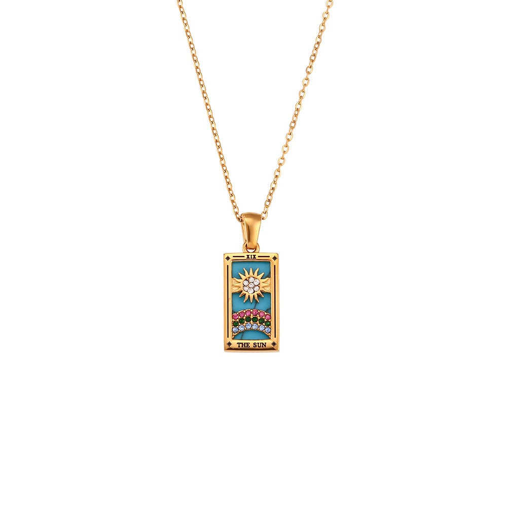 Ins Fashion Vintage Popular Pendant Jewelry Stainless Steel Rectangular Oil Drip Zirconia Tarot Necklace