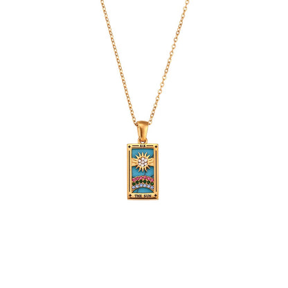 Ins Fashion Vintage Popular Pendant Jewelry Stainless Steel Rectangular Oil Drip Zirconia Tarot Necklace