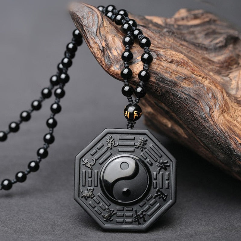 Black Obsidian Yin Yang Bagua Pendant Necklace