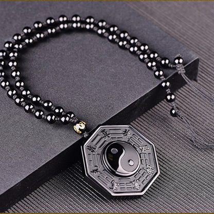 Black Obsidian Yin Yang Bagua Pendant Necklace