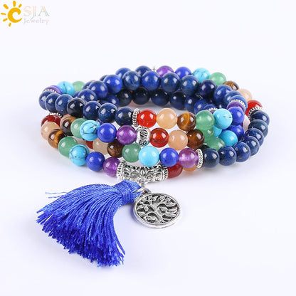 7 Chakra Mala Bracelet with Tree of Life & Blue Tassel