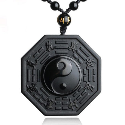 Black Obsidian Yin Yang Bagua Pendant Necklace