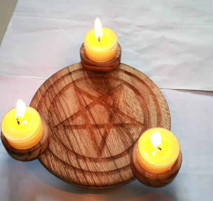 Wooden Pentagram Altar Plate & Candlestick