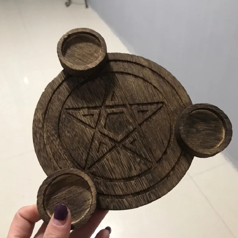 Wooden Pentagram Altar Plate & Candlestick