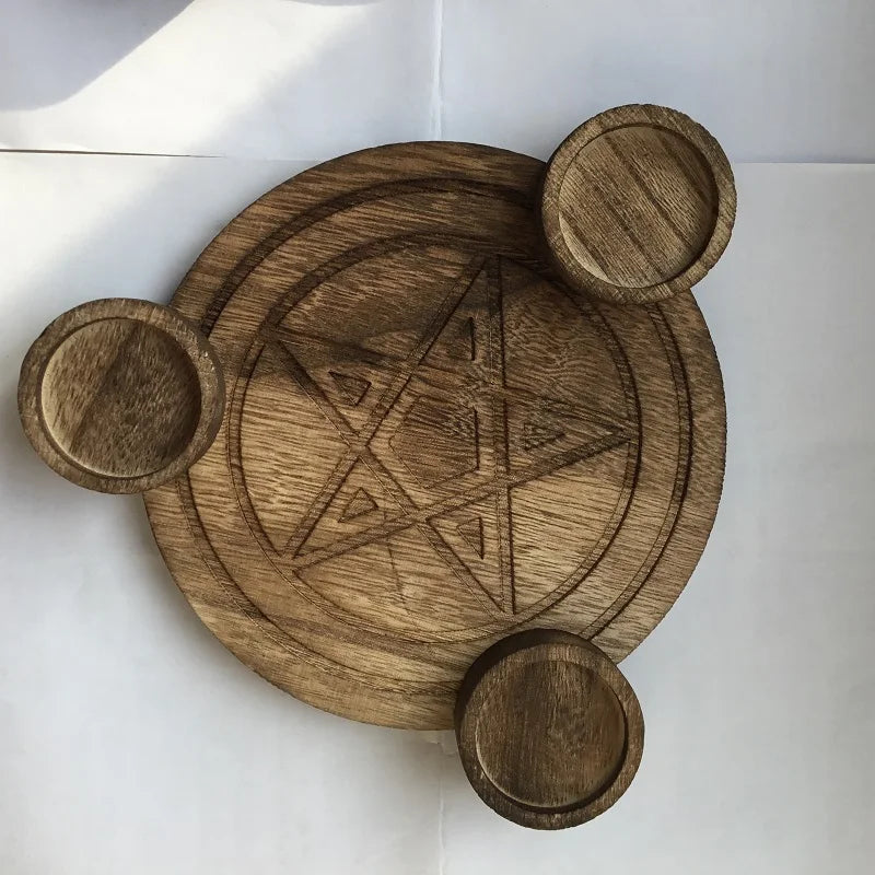 Wooden Pentagram Altar Plate & Candlestick
