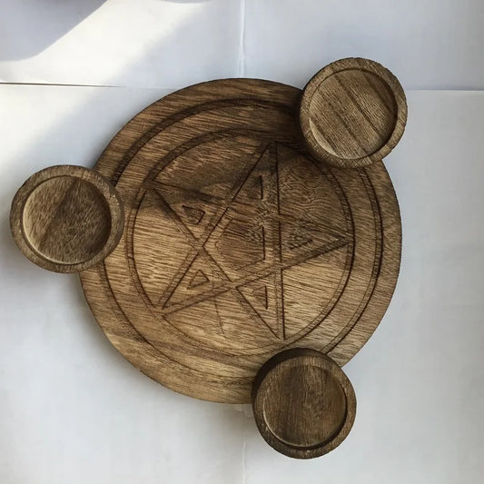 Wooden Pentagram Altar Plate & Candlestick