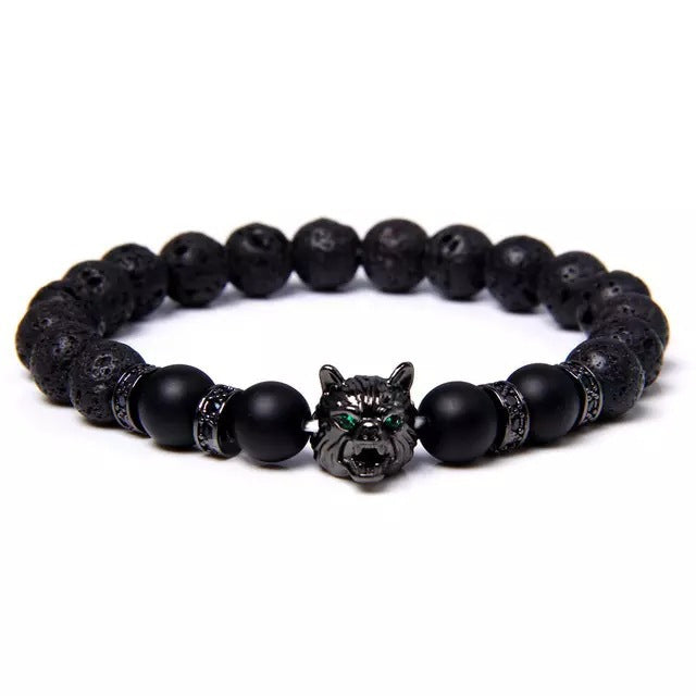 Mens Wolf Head Stone Bead Bracelet