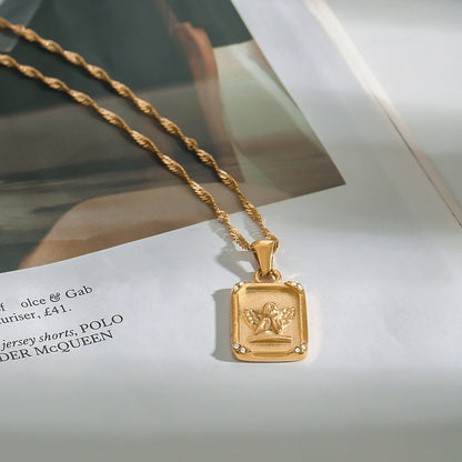18K Gold Square Angel Relief Pendant Necklace