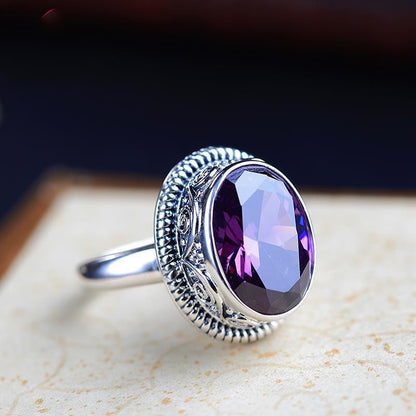 925 Silver Geometric Amethyst Statement Ring | Retro Ethnic Style