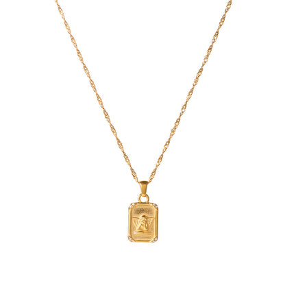 18K Gold Square Angel Relief Pendant Necklace