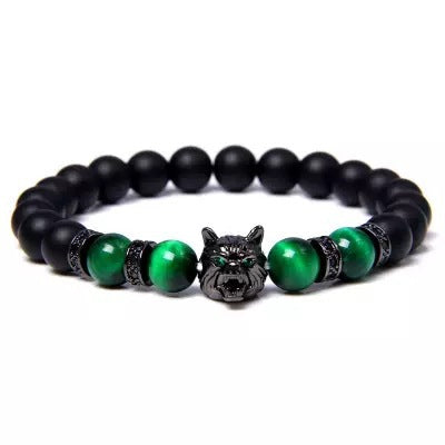 Mens Wolf Head Stone Bead Bracelet
