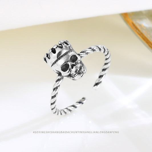 S925 Sterling Silver Crown & Skull Open Ring