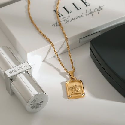 18K Gold Square Angel Relief Pendant Necklace