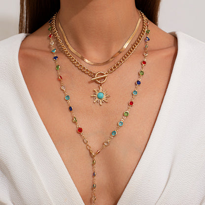 Lapis Lazuli Sun Colored Crystal Chain Necklace for Women