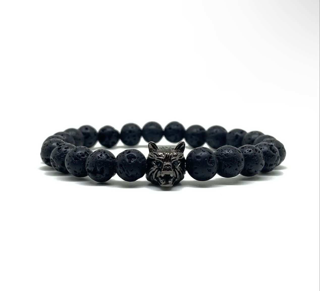 Mens Wolf Head Stone Bead Bracelet
