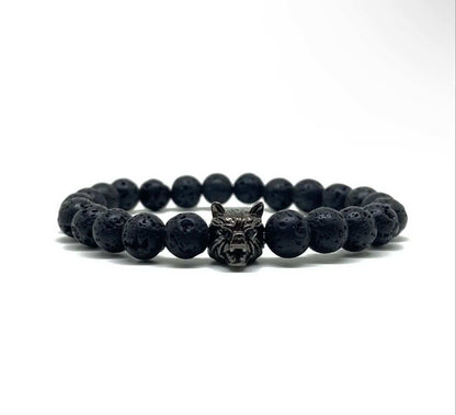 Mens Wolf Head Stone Bead Bracelet