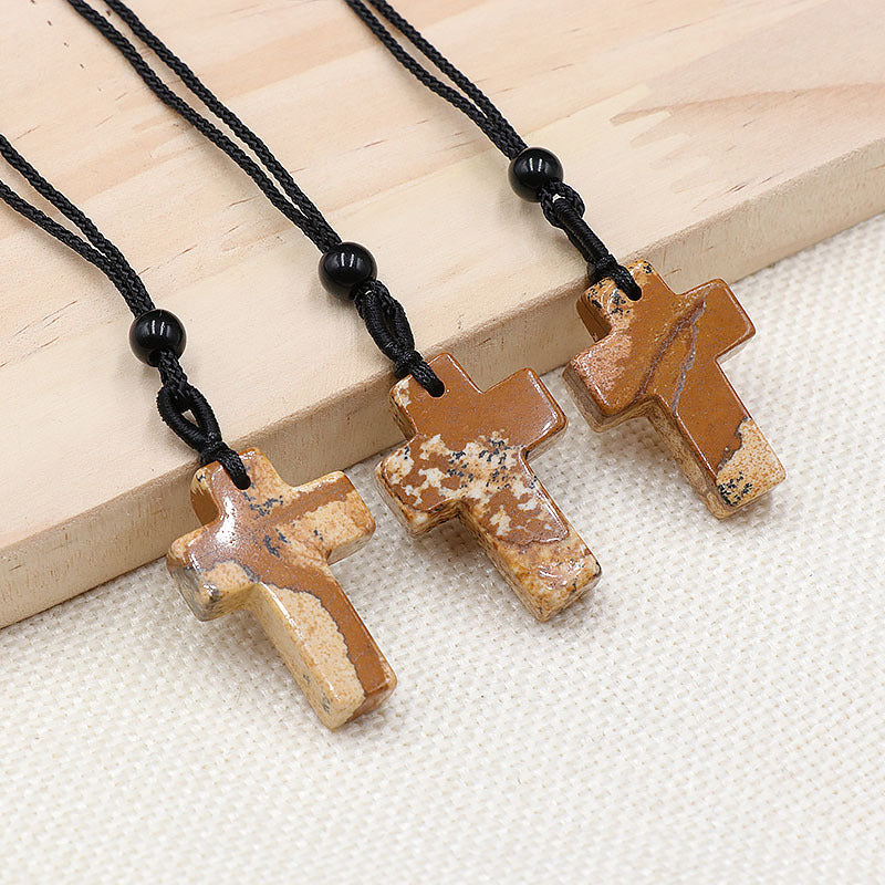 Natural Crystal Agate Woven Cross Necklace
