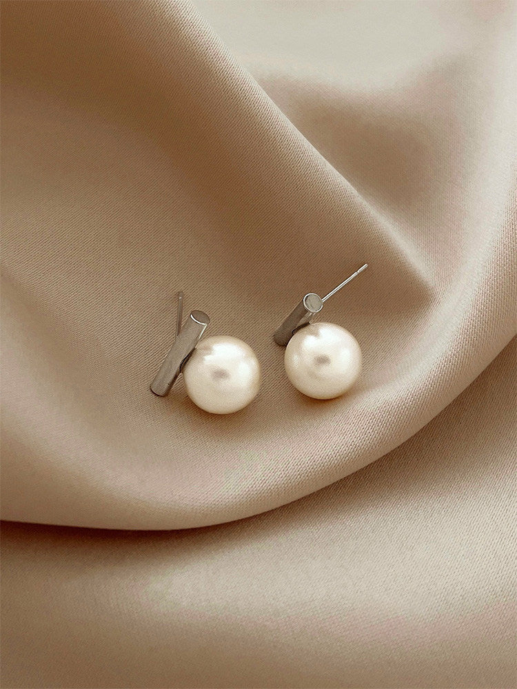 925 Silver Pearl Earrings Retro Geometric Design