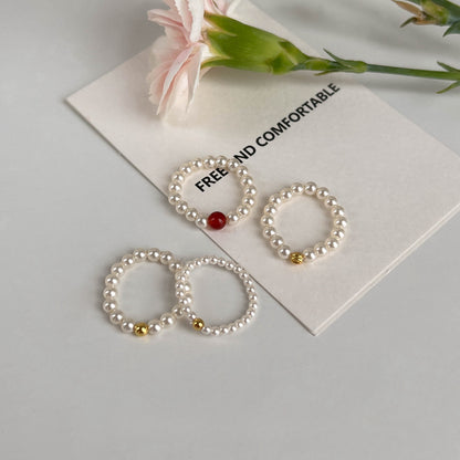 925 Silver Pearl & Onyx Elastic Stacking Ring