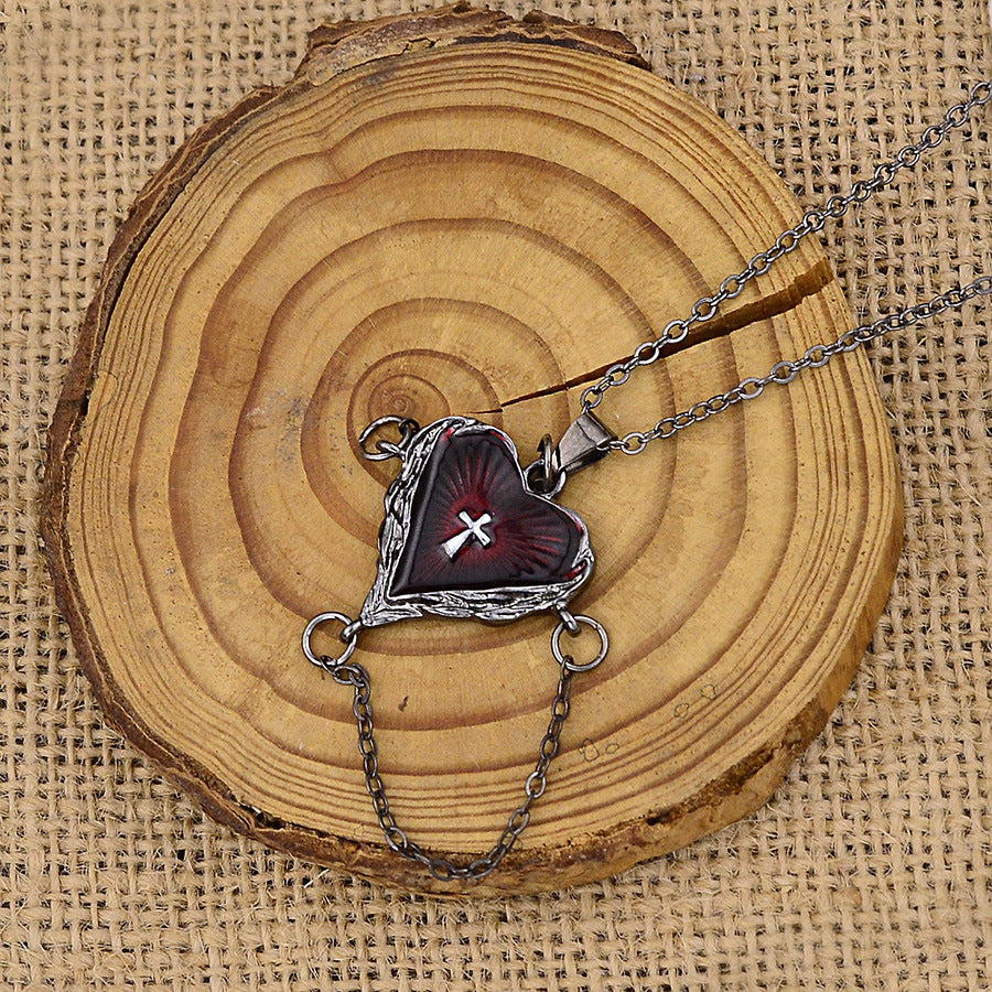Gothic Wings Heart Cross Necklace