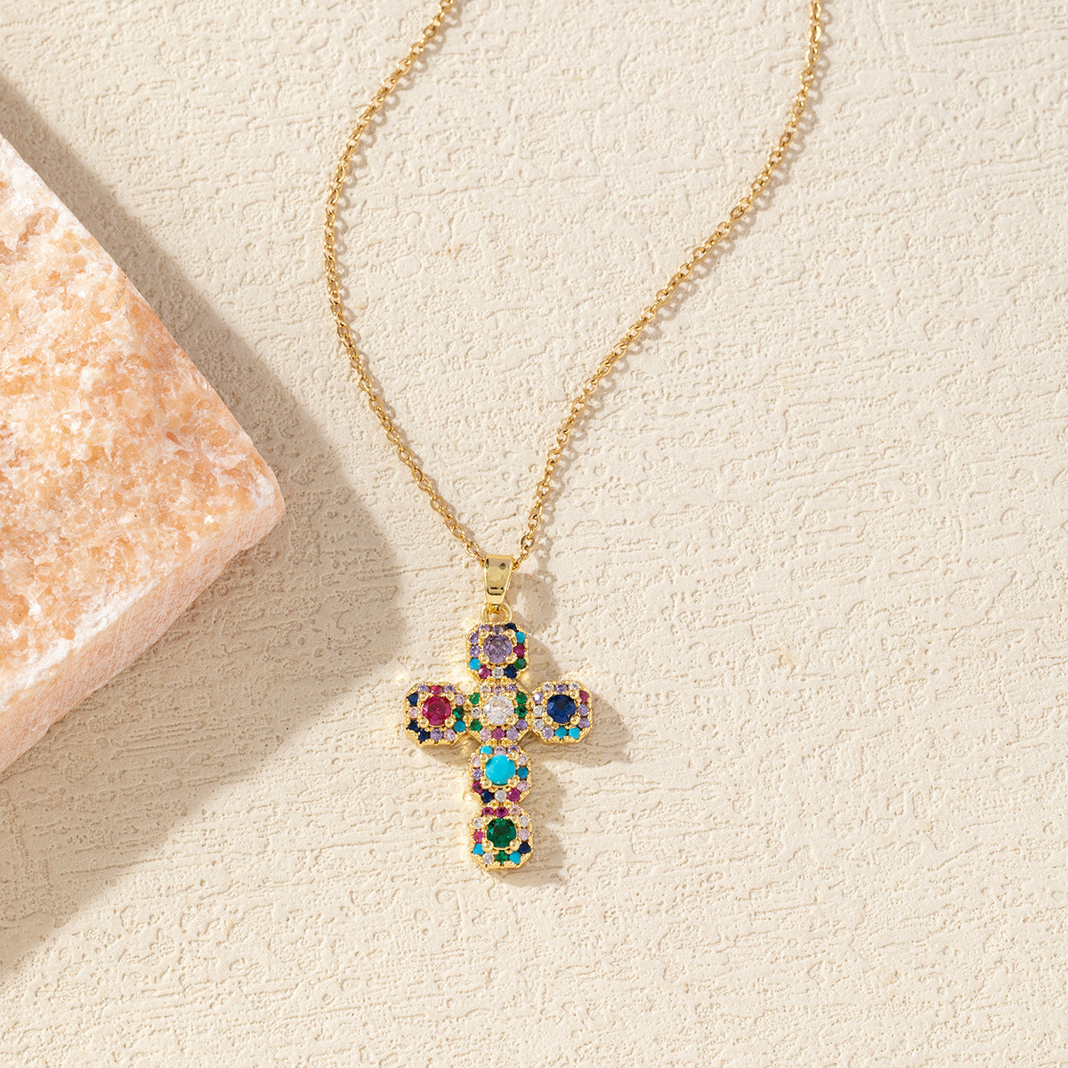 Gold Plated Cross Necklace with Zircon