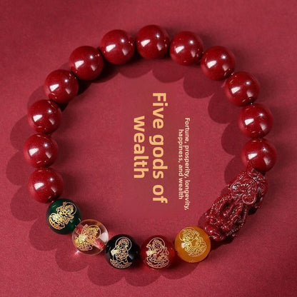 Cinnabar Five-Way Wealth God Bracelet