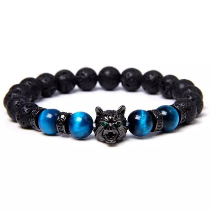 Mens Wolf Head Stone Bead Bracelet
