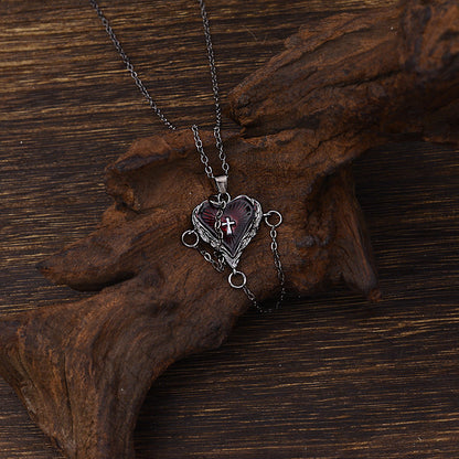 Gothic Wings Heart Cross Necklace