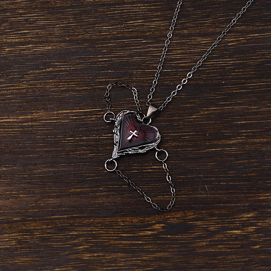 Gothic Wings Heart Cross Necklace