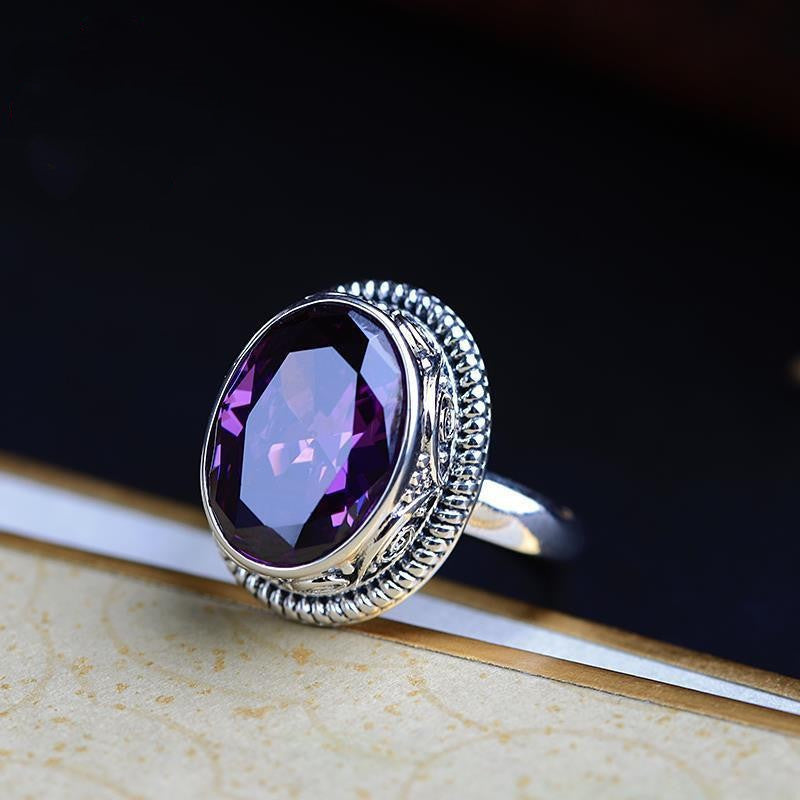 925 Silver Geometric Amethyst Statement Ring | Retro Ethnic Style